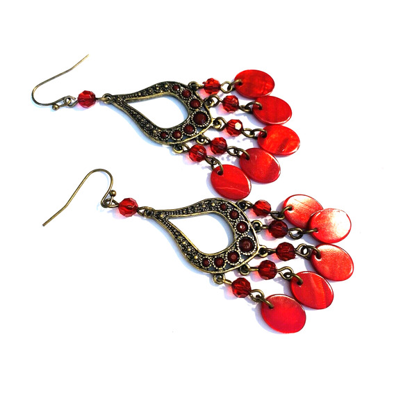 Boho Fashion Pierced Earrings Antiqued Goldtone Red Beaded Dangle Hoops Festival - Picture 4 of 6